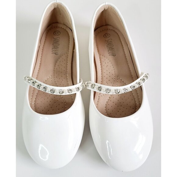 Girls Sandalup White Patent Leather Ballet Flats With Rhinestone Strap Size 1 - Picture 1 of 12